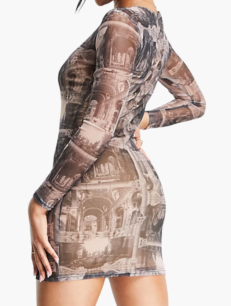 MyRunway Shop Missguided Brown Mesh Graphic Printed Mini Dress for